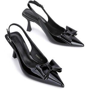 🆕 Black Faux Leather Slingback Kitten Heels w/ Bow Pointed Toe Dress Pumps
